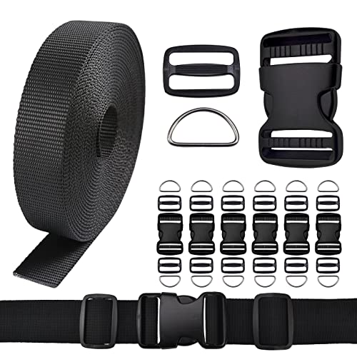 CooBigo 1.25 Inch Buckles Straps Set 6 Yards 1.25 Inch Black Nylon Webbing Strap 6 Pcs Quick Side Release Plastic Buckle Dual Adjustable 12pcs Tri-glide Slide Clip 12 Pcs Metal D Rings