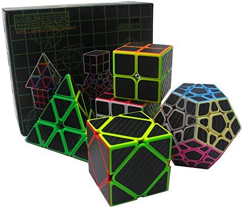 HJXD global Magic Cube Set of 5 Pack Include Meganminx+Skewb+Pyraminx+2x2x2+3x3x3 Carbon Fiber Sticker Puzzle cube Black