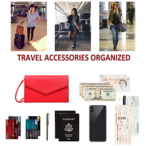 Krosslon Rfid Passport Holder Wristlet Travel Wallet Trifold Documents Organizer Slim Purse, Fit US UK CA Passport Cover Traveling Accessories for Women, Red(11#)
