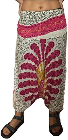 Womens Girls Smocked Waist Peacock Print Aladdin Boho Hippie Yoga Pants