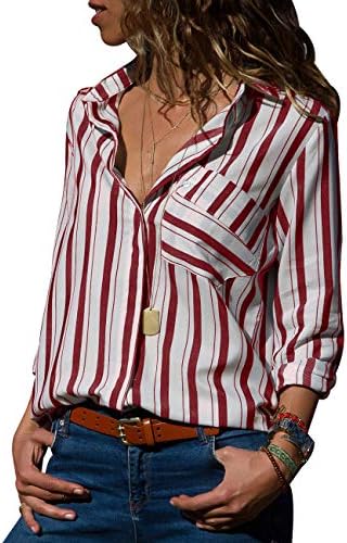CILKOO Womens V Neck Button up Color Block Blouse Casual Tops with Front Pockets(S-XXL)