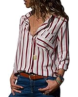 CILKOO Womens Casual Loose V Neck Vertical Striped Button up Chiffon Work Shirts Blouses Roll Up Sleeve Blouse for Women Long Sleeve Tops Tunic Red White US18-20 XX-Large