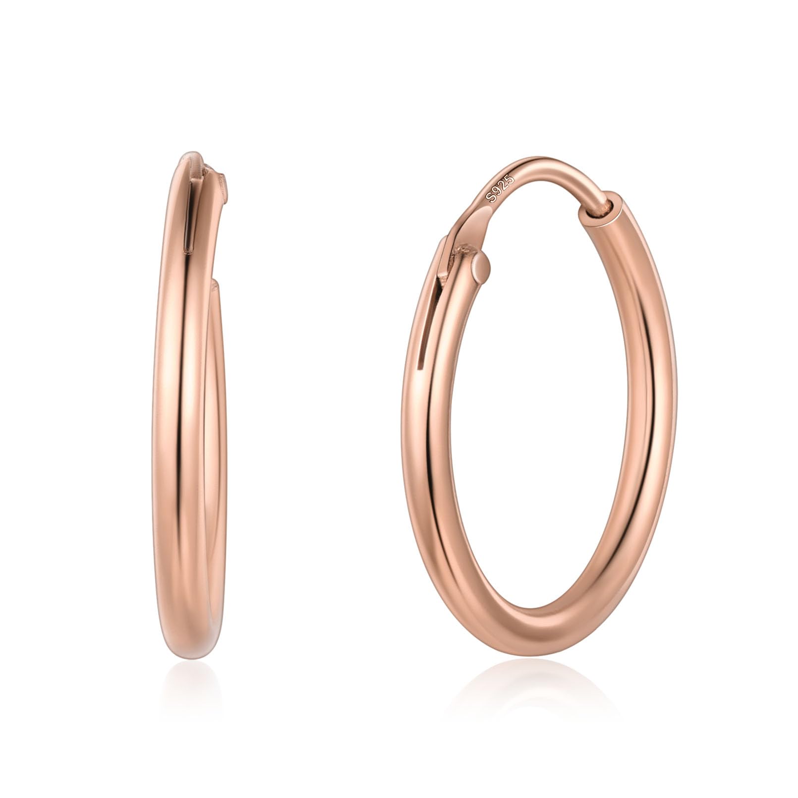 ChicSilver Earrings for Women Shiny Silver Small Hoops 925 Sterling Silver Piercing Earring 15MM Rose Gold Hoop Earrings for Females
