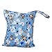 OULII Cute Monkey Pattern Washable Reusable Waterproof Zippered Baby Cloth Diaper Nappy Bag Wet Dry Bag Tote with Soft Snap Handle (Blue)
