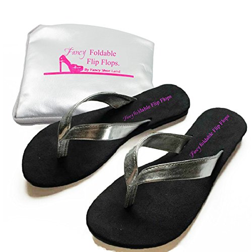 Flip Flops Sandals Foldable shoes EXPANDABLE TOTE BAG Silver Bride Shoes folding PORTABLE fold up sandal (Large = 8.5 to 9)