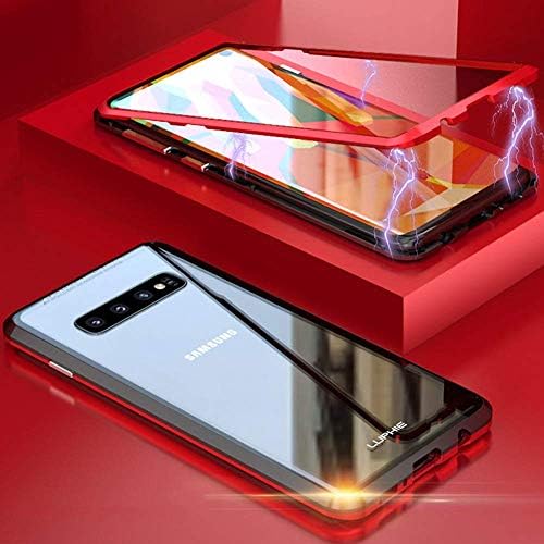 TENGMAO For Samsung Galaxy S10 Magnetic Case,Slim Clear Case Magnetic Adsorption Metal Bumper Glass Case Cover Shock-Absorption, Anti-Scratch,HD Clear+with Screen Protector(red black)