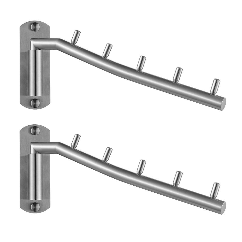 JQK Folding Clothes Hanger Rack, Stainless Steel Swing Arm Hook Holder, Clothing Hanging System Drying Closet Storage Organiser Brushed Finished Wall Mount 2 Pack, SHR100-BN-P2