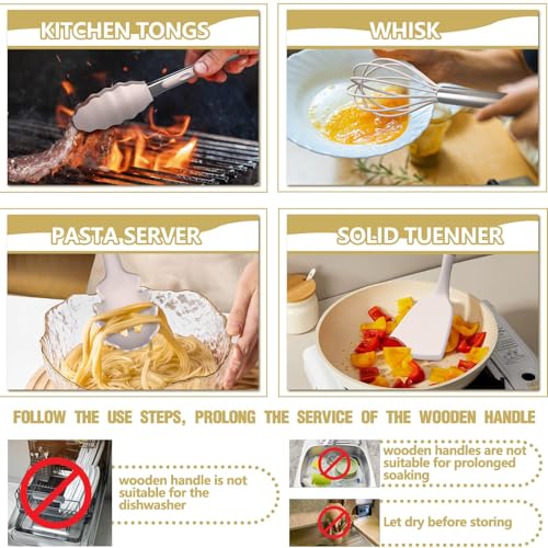 35Pcs Silicone Cooking Utensils Set, Kitchen Utensils Set, Chef Heat Resistant Kitchen Utensil Spatula Set for Nonstick Cookware, Wooden Handles Kitchen Gadgets Tools Set (Khaki)
