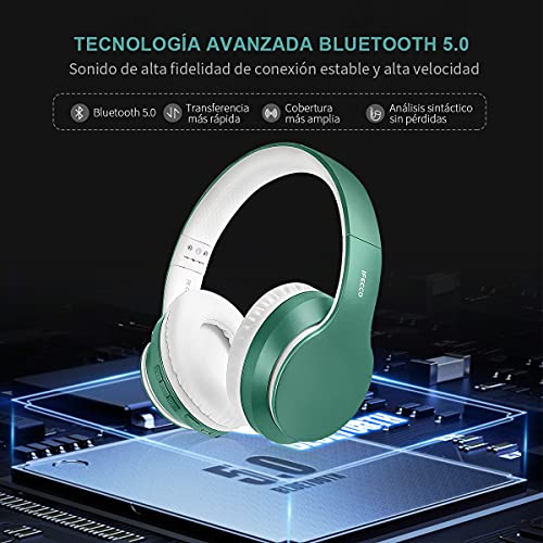 Ifecco Bluetooth Estéreo Auriculares Música sobre-oído Sonido de Alta fidelidad, Bluetooth Banda para la Cabeza Plegable con micrófono y Cable de Audio para Apple iPhone, PC (Jade Verde)