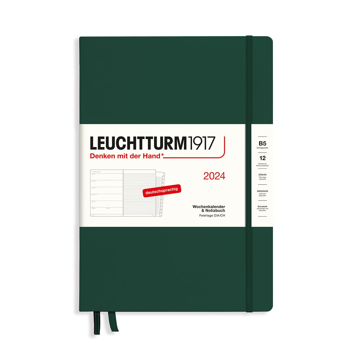 LEUCHTTURM1917 367749 Weekly Calendar & Notebook Composition (B5) 2024, with Extra Book for Addresses and Anniversaries, Forest Green, German, 12 Months