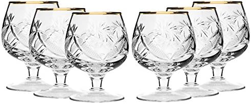 SET of 6 Russian Cut Crystal Stemmed Snifter Goblet for Cognac Scotch Whiskey, 24K Gold Rimmed 7 Oz. Glass, Vodka Liquor Old-fashioned Glassware, Hand Made