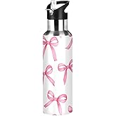 Pink Bows Water Bottle Kids Insulated Sports Vacuum Stainless Steel Mug with Straw Lid & Handle 20 oz