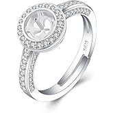 LGSY Sterling Silver Luxury Cubic Round Design Adjustable Rings for Women, Design Ring Mounts Fittings with Pearl Seat for DIY Jewelry Making