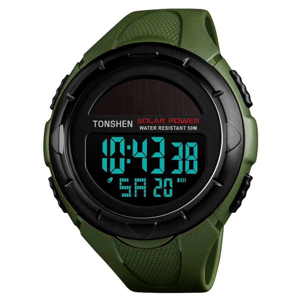 TONSHEN Unisex Large Dial Multifunction Outdoor Military Digital Sport Solar Watch LED Electronic Alarm Stopwatch 50M Waterproof Watches for Men and Women Plastic Case with Rubber Band (Green)