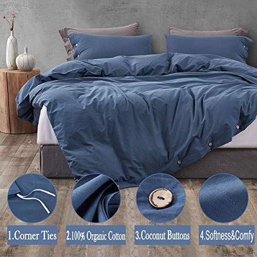Melingo Navy Blue Cotton Duvet Cover Queen Size with Stones Washed Tech, 3 Piece Set Linen