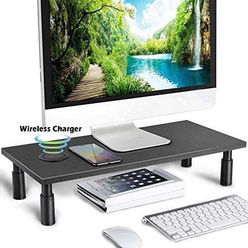 Monitor Stand Riser with Wireless Charger, 2 Heights Adjustable Laptop Desk Shelves, Desktop PC/TV Screen Riser, Charging Pad Compatible with Any Qi- Enabled Device by IMtKotW
