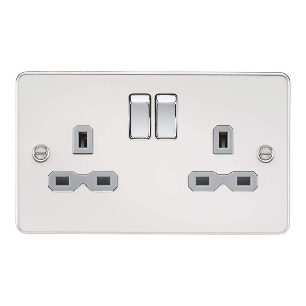 Knightsbridge FPR9000PCG Flat Plate DP Switched Socket, Polished Chrome with Grey Insert, 13 A, 2G