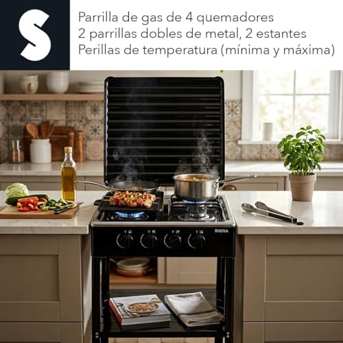 SIGNA Parrilla De Gas Con 4 Quemadores Estufa Acero Inoxidable 50 Cm Parrilla Perillas Reguladoras Quemador De Gas Resistente Con Tapa Y Mueble De Dos Niveles De Acero (Negra)