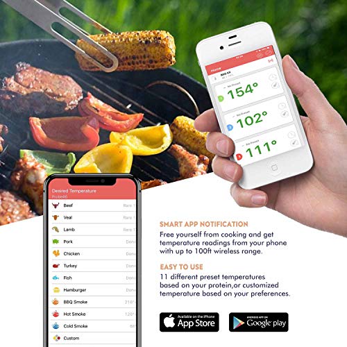 Newkiton Smart Wireless Meat Thermometer with 6 Stainless Steel Probes, APP Controlled Bluetooth Digital Thermometer for Cooking Smoker Grill Barbecue Oven Kitchen, Support iOS & Android