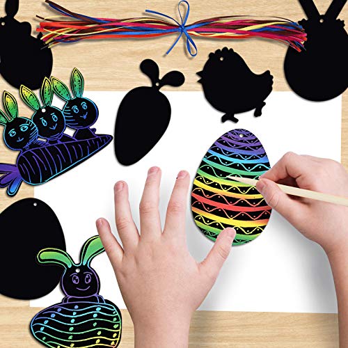 LEEFENGQI [48 Pack] - Easter Rainbow Scratch Card, Easter Eggs Carrots Bunny Scratch Art with 48 Ribbons and 24 Wooden Styluses for Easter Party Favor, Creative Easter Gifts for Kids