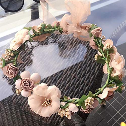 Flower Crown Headband Wreath Garland Hair Bands Floral Wedding Bridal Hair Hoop Women Leaf Ribbon Party Decoration Headdress Headwear Christmas Handmade Headpiece Hair Accessories 2 Pack Coffee - Thumbnail 5