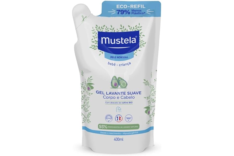 Mustela Refil Gel Lavante Suave 400ml - Sabonete Líquido Corpo e Cabelo para bebês e crianças – feito com 93% de ingredientes