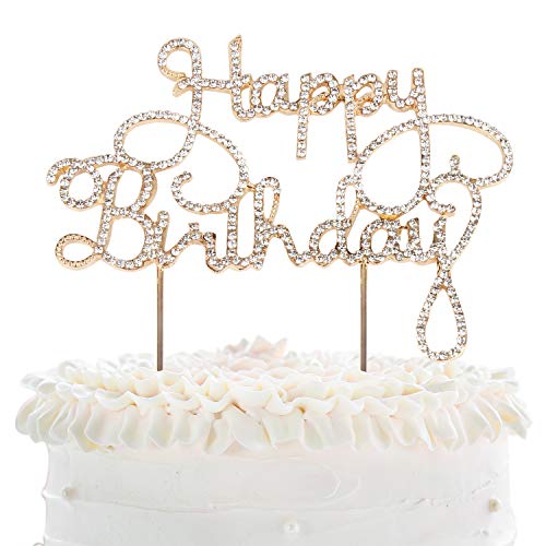 Happy Birthday Rhinestone Crystal Gold Metal Cake Topper Cheer to Bday Party Sparkly Decoration Keepsake Gift - 5.1' x 6.7'(Gold).