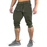 FASKUNOIE Men's Cotton Casual Shorts 3/4 Jogger Capri Pants Breathable Below Knee Short Pants with Three Pockets