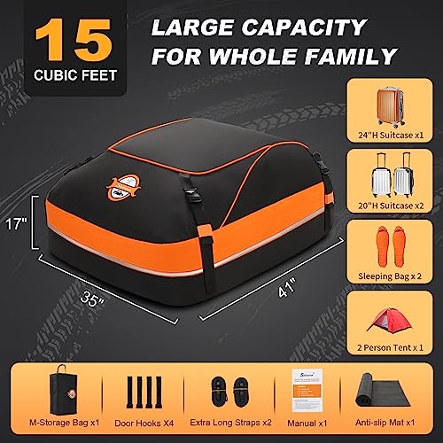 Sailnovo 430L Waterproof Foldable Soft Car Roof Box, Car Roof Bag for Travel with Reinforced Straps/Door Hooks (15 CU.ft, Non-Slip Mat, 4 Hooks, Orange)