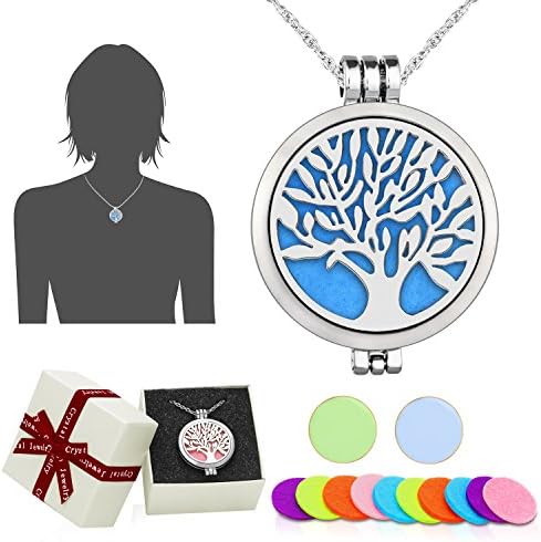 Wish House Tree of Life Necklace Aromatherapy Essential Oil Diffuser Necklace, Hypoallegenic Stainless Steel Locket with 24" Chain 12 Refill Pads