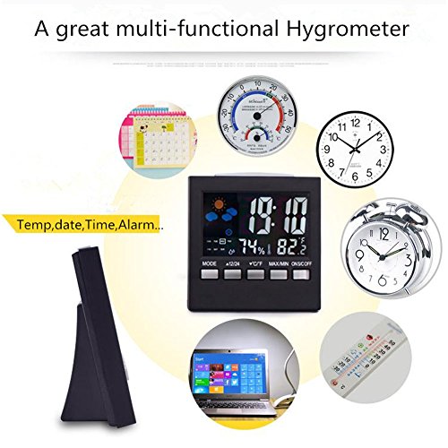 Indoor Thermometer Hygrometer Humidity Monitor Digital Temperature Gauge Humidity Meter with Alarm Clock,Calendar,Voice Control Backlight (2 Batteries Included) - Thumbnail 6
