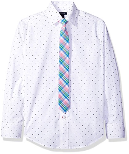 Tommy Hilfiger Big Boys' Long Sleeve Dash Dot Print Shirt with Tie, White, 14