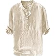 Ryannology Mens Linen Shirts Casual Cotton 3/4 Sleeve Regular-Fit Henley T-Shirt Summer Lightweight Beach Yoga Tops