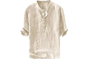 Ryannology Mens Linen Shirts Casual Cotton 3/4 Sleeve Regular-Fit Henley T-Shirt Summer Lightweight Beach Yoga Tops