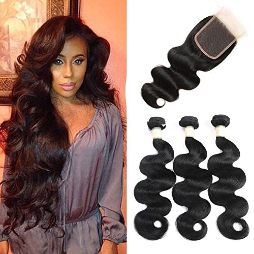 MORICHY Hair Brazilian Virgin Hair Body Wave Human Hair 3 Bundles with 4Ã—4 Lace Closure 100% Unprocessed Hair Extensions with Free Part Closure Natural Color 20 22 24+16