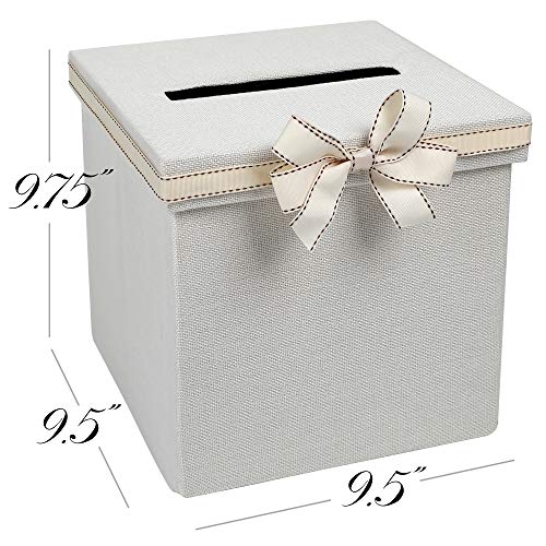 FLUYTCO Wedding Card Envelope Box - Linen Fabric & Removable Ribbon Bow - Collapsible - Perfect for Weddings, Baby Showers, Birthdays, Graduations - Large Size, 100+ Cards