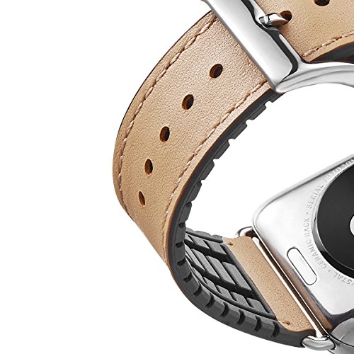 WFEAGL Compatible iWatch Band 42 44mm,Top Grain Leather and Nature Rubber Hybrid Sweatproof Band for iWatch Series 4,Series 3,Series 2,Series 1,Sport (42mm 44mm,Camel Hybrid Band) - Thumbnail 4