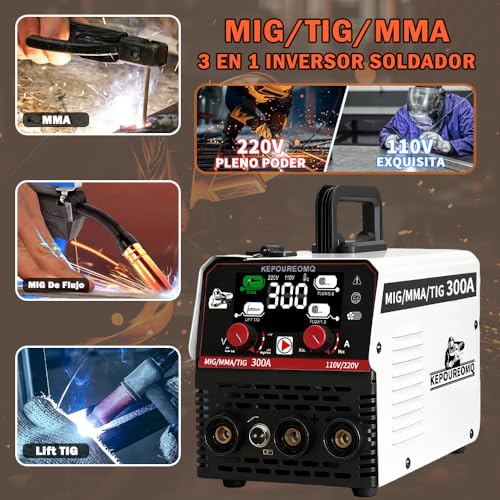 KEPOUREOMQ Soldadora Inversora Portátil de 300A, 3 en 1 Soldadora Inverter de MIG/MMA/TIG, Máquina de Soldar sin Gas, con Voltage Dual 110/220V, 60% Ciclo de Trabajo, Inversor IGBT, LED Pantalla, IP21