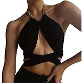 Women's Chain Criss Cross Tank Crop Top Ruched Lace-up Crop Cami Backless Self Tie Bandana Top Rave Outfits Black