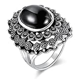 Dnswez Vintage Decorative Pattern Marcasite Crystal Black Resin Cocktail Rings for Women