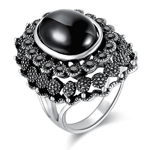 Dnswez Vintage Decorative Pattern Marcasite Crystal Black Resin Cocktail Rings for Women Dnswez Vintage Decorative Pattern Marcasite Crystal Black Resin Cocktail Rings for Women