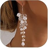 Pearl Drop Earrings for Women Trendy, Gold Plated Chain Fringe with Crystal Pearl Dangling Long Tassel Dangle Chandelier Earrings Wedding Prom Jewelry Gifts