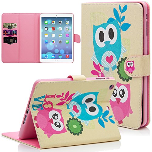 iPad Mini 1/2/3 Case, Dteck(TM) Cartoon Cute Flip Folio Stand Leather Case with Cards Slots & Money Holder Full Body Protective Cover for Apple iPad Mini 3/ 2/ 1 (#02 Two owls)