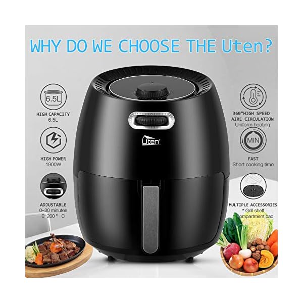 Uten-65L-Air-Fryer-1800W-with-Rapid-Air-Technology-for-Healthy-Oil-Free-Low-Fat-Cooking-Baking-and-Grilling-PlasticBlack Air Fryer Oven, Air Fryers 6.5L Uten Oil Free Fryer with Temperature Control and Timer, with Partition and Bracket…