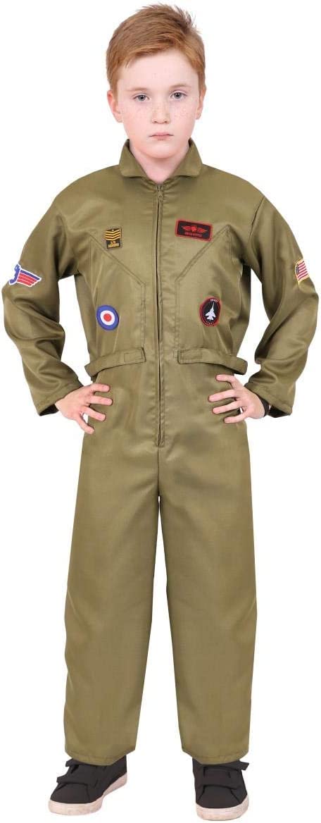 Kids VE Day U.S Army Pilot Costume - X-Large - Military Green Jumpsuit with Attached Patches - Boys Girls Childs Military Historical 80s Movie Fancy Dress Costume