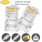 RJ45 CAT6 Pass Through Connectors 100 Pack - Easy and Fast Termination - Gold Plated 3 Prong 8P8C Modular Ethernet UTP Network Cable Plug End for Cat6 Cat5e