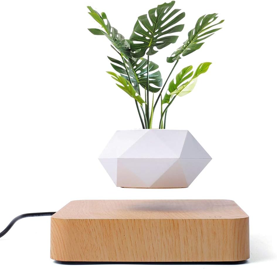 QUWOTXE Magnetic levitation Floating air Bonsai creative ornaments Rotation potted plant Suspension Flower Pot Home Desk Decor (light brown)