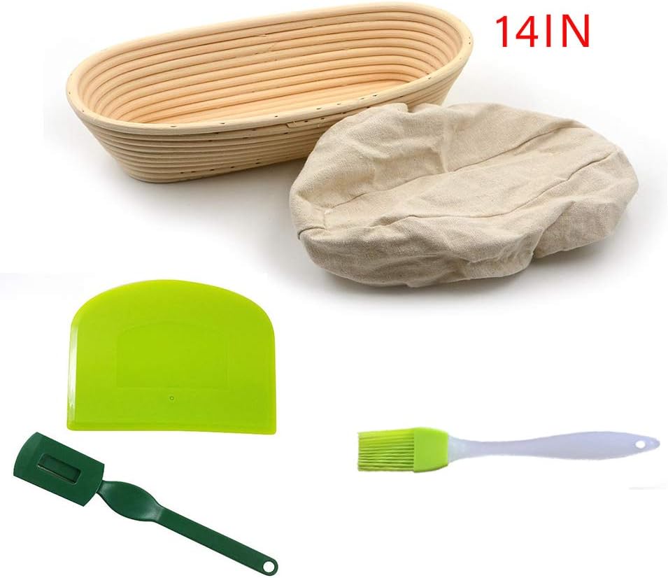 KEBEIXUAN Oval Banneton Proofing Bread Proofing Basket Baking Bowl Dough Gifts for Bakers Proving Bread Scraper+Silicone Brush+French Bread Blade Tool (14IN)