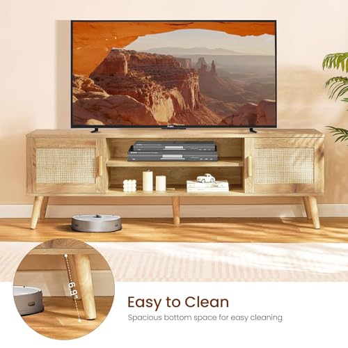 FIONESO Rattan TV Stand for 60 Inch TV, TV Bench, Entertainment Center TV Console with 2 Cabinets & Shelf, Media Console,TV Cabinet for Living Room, Natural+Rattan