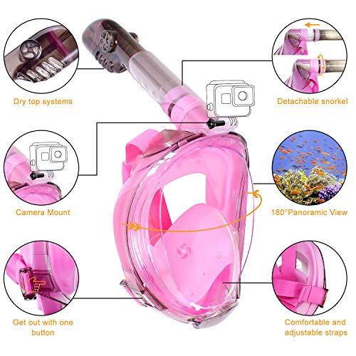 COSVII Snorkel Mask Full Face, Diving Mask with 180° Panoramic View & Detachable Camera Mount, Anti Fog & Anti Leak, Swimming Mask with Adjustable Head Straps for Adults (Pink, Small/Medium) - Thumbnail 2